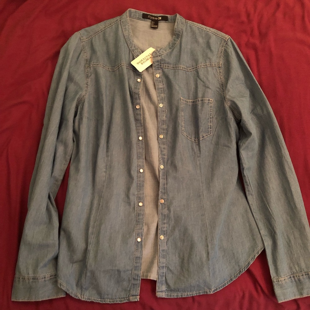 Forever 21 Denim Washed Woven Long Sleeve Top